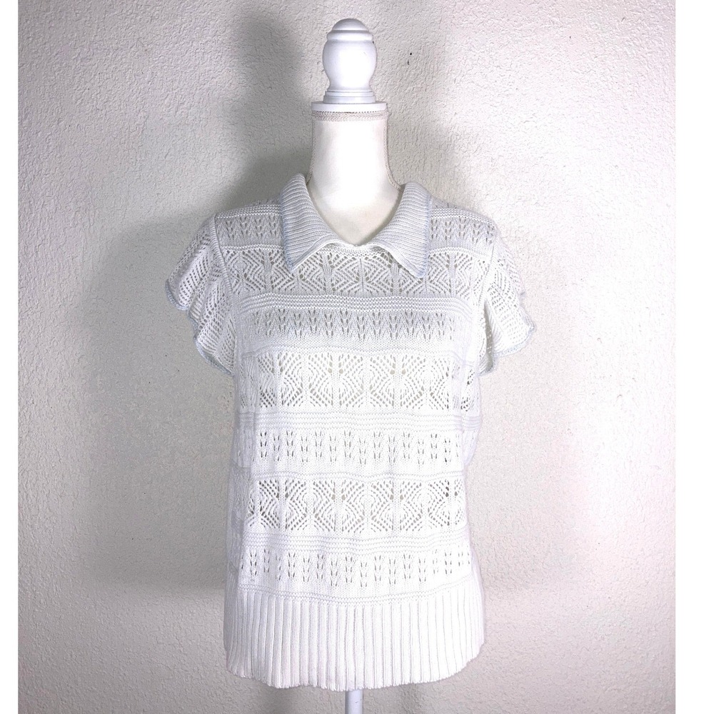 LC Lauren Conrad White Pointelle Knit Polo Sweater Short Sleeve Flutter Size L